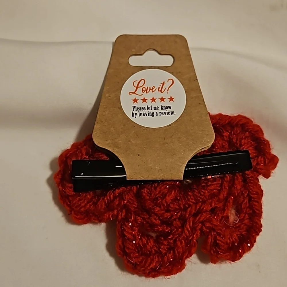 Hand Crafted Hand Knit Crochet Red White yellow puffy flower TikTok fashion bow